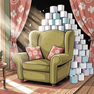 cartoon style picture of armchair with lots of toilet rolls stuffed behind it.