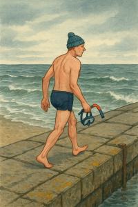 A swimmer walking toward the cold sea, a reminder of resilience in all forms.