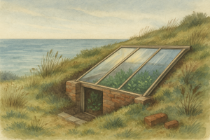 An underground greenhouse built into a coastal slope, symbolising resilience and warmth.